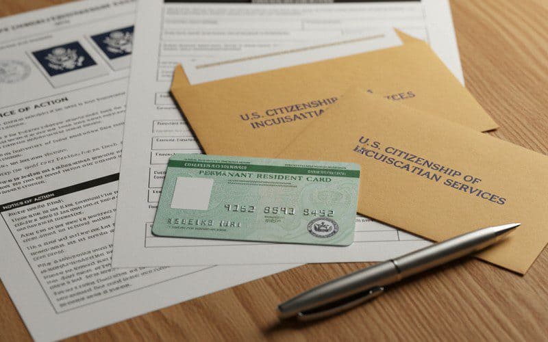 Immigration legal documents including green card and official government forms on a desk in a New York immigration office