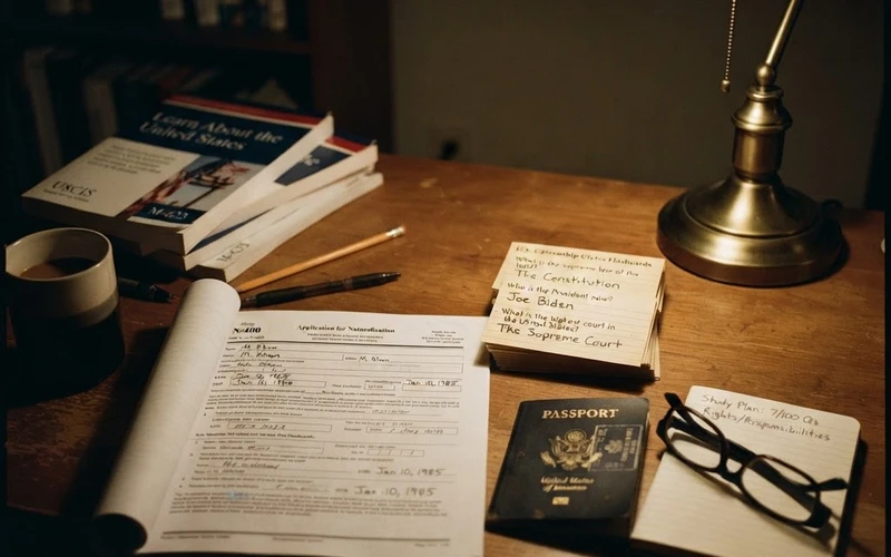 How to Prepare for Your Naturalization Interview in New York 2 US naturalization test study materials and N-400 application form on a desk