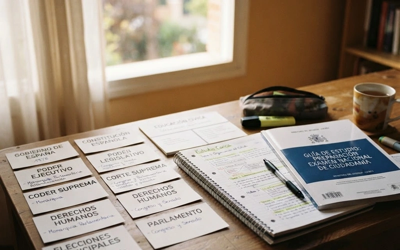 Abogado de Ciudadanía y Naturalización en Nueva York 3 Materiales de estudio para el examen de ciudadanía sobre una mesa.