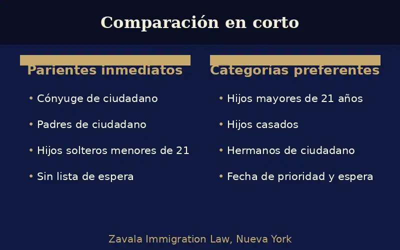 Abogado de Inmigración Familiar en Nueva York 4 Gráfico comparativo que ilustra las diferentes categorías de preferencia para la petición familiar.